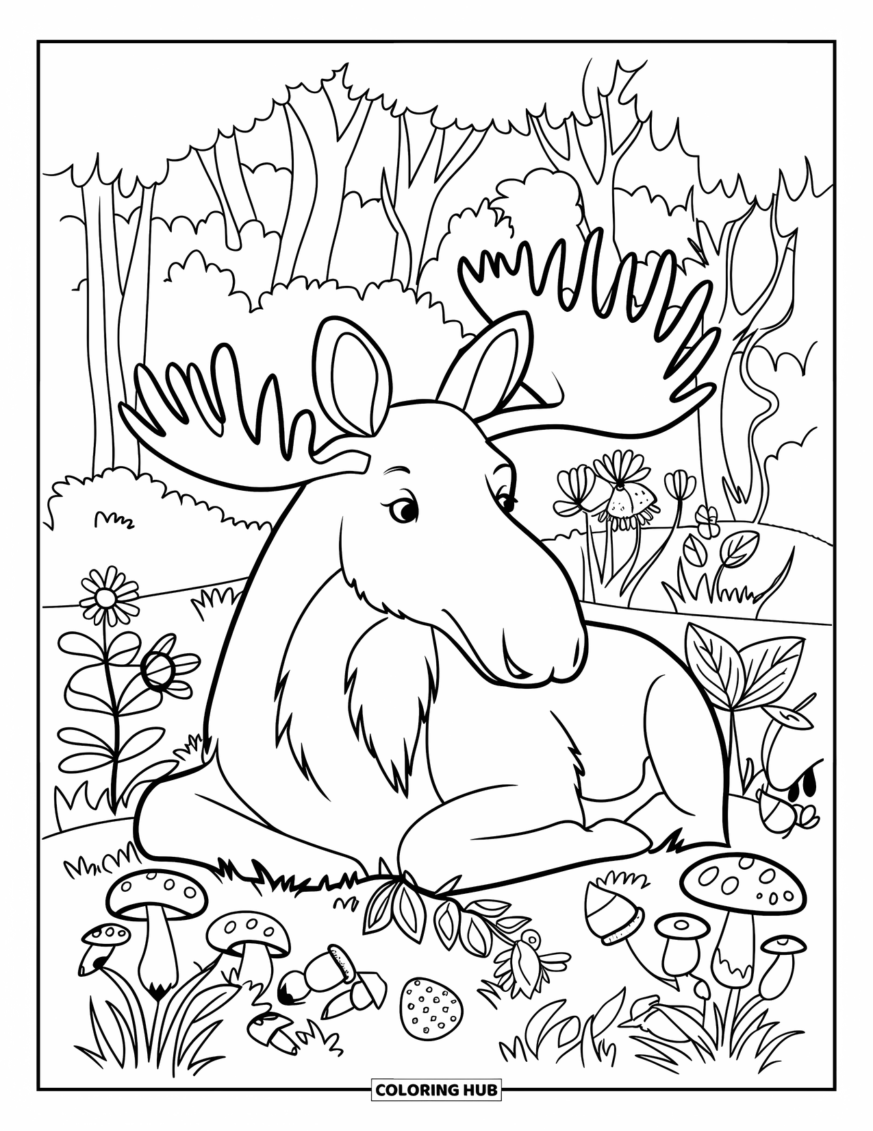 Moose Coloring Page for Adults: Moose rests quietly among flowers and mushrooms in a forest scene