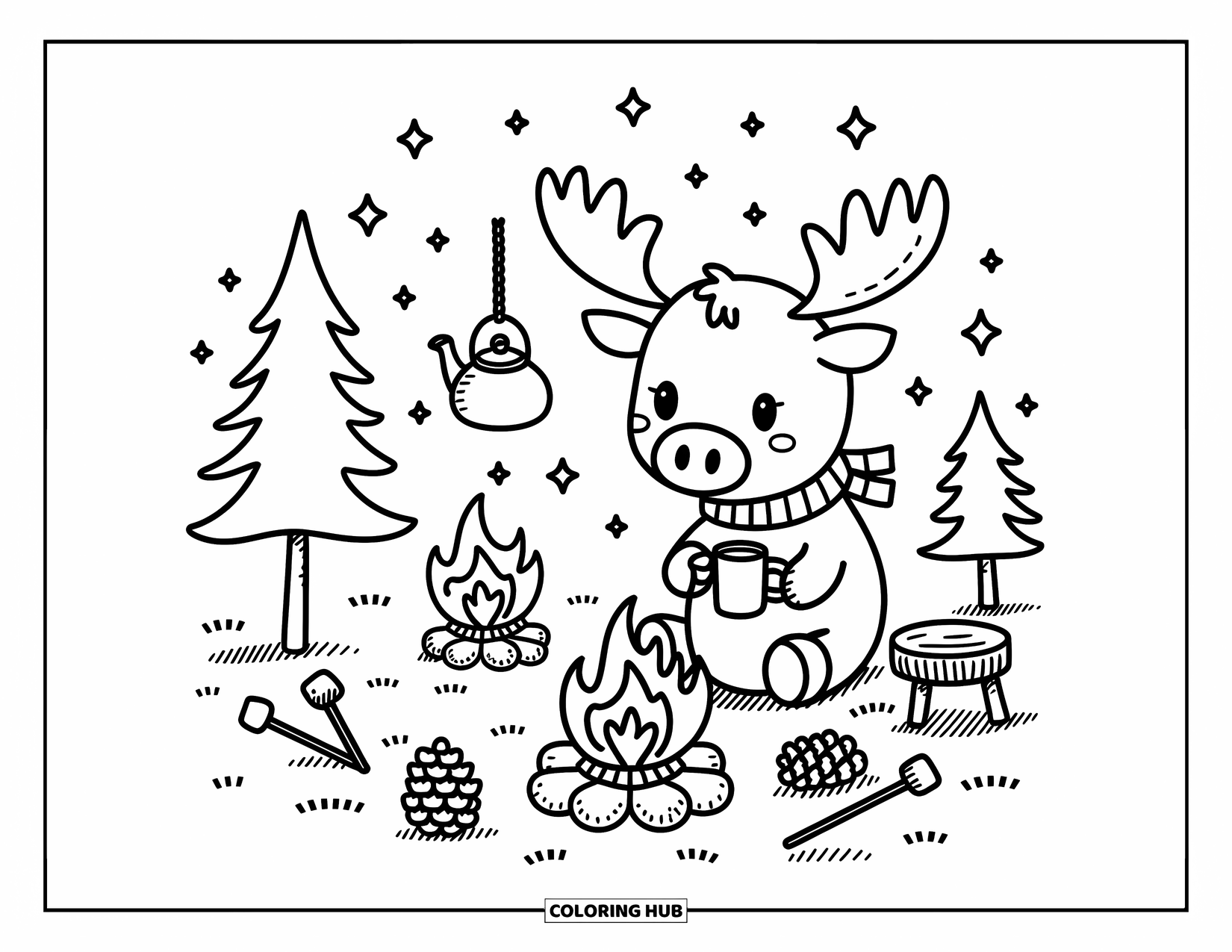 Moose Coloring Page for Adults: Moose sips tea beside a campfire under twinkling stars and whimsical trees