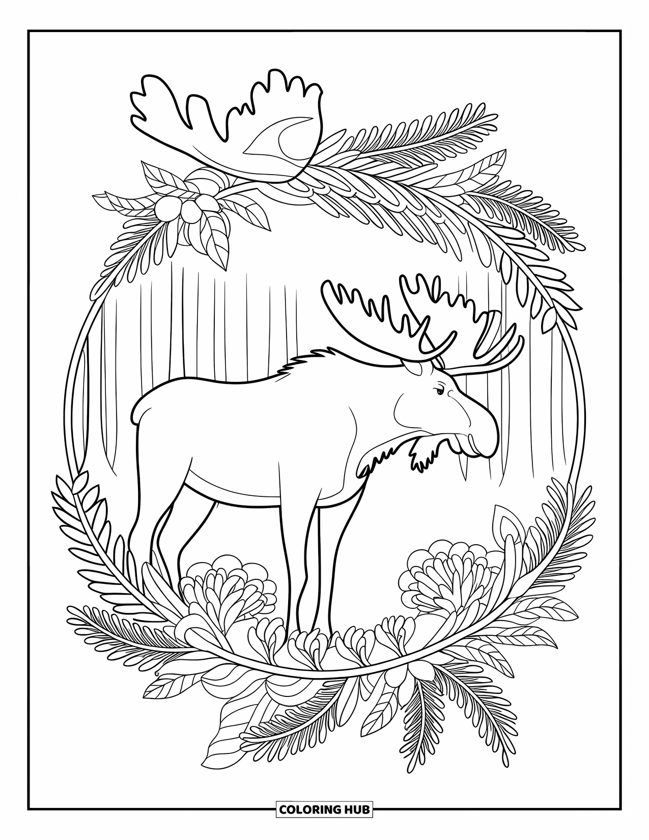 Moose Coloring Page for Adults: Moose stands in profile within a botanical mandala of pine and ferns