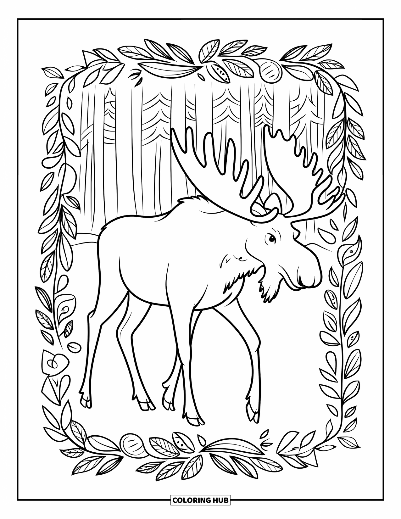 Moose Coloring Page for Adults: Moose strolls through a forest framed by decorative swirling leaves