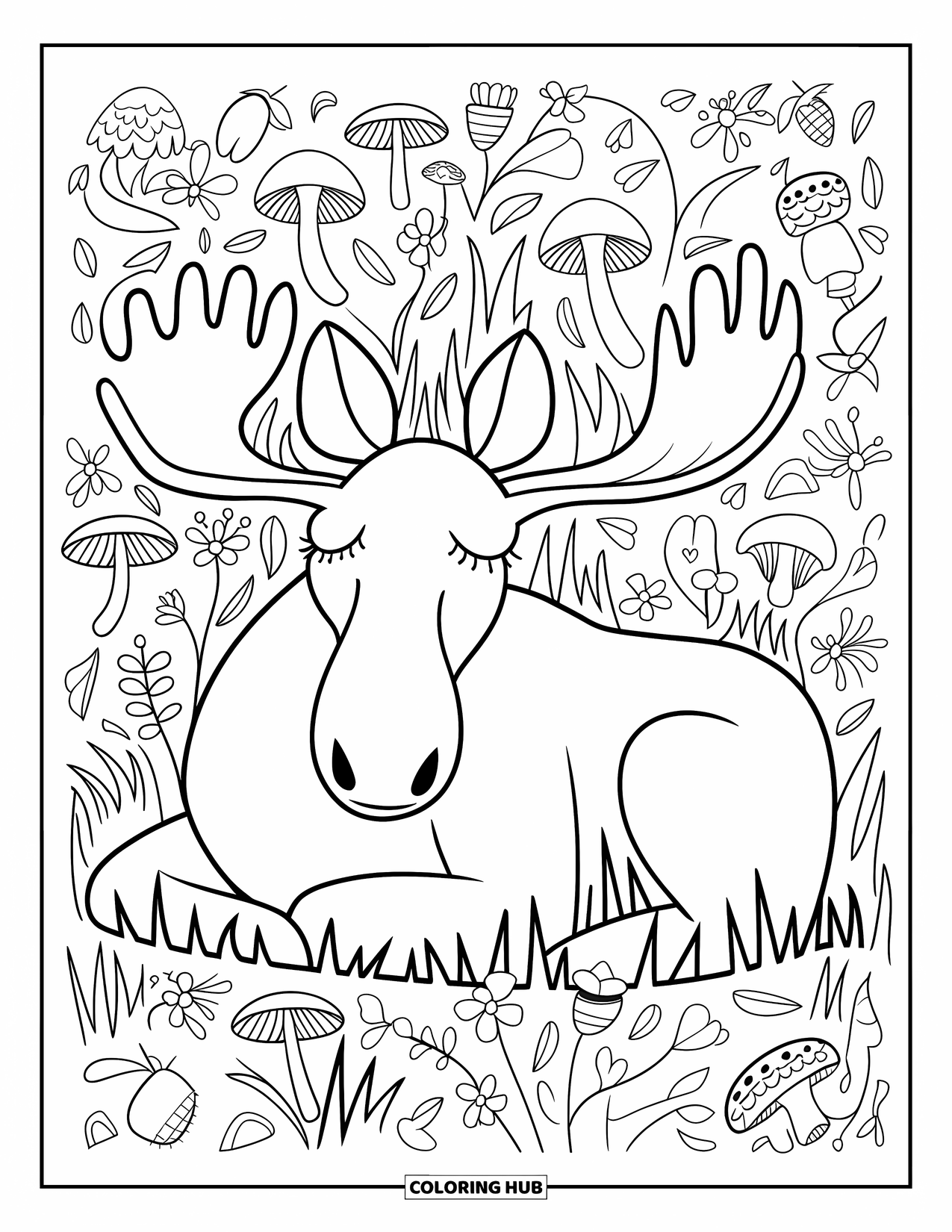 Moose Coloring Page for Adults: Moose with closed eyes lies in a bed of flowers, mushrooms, and acorns