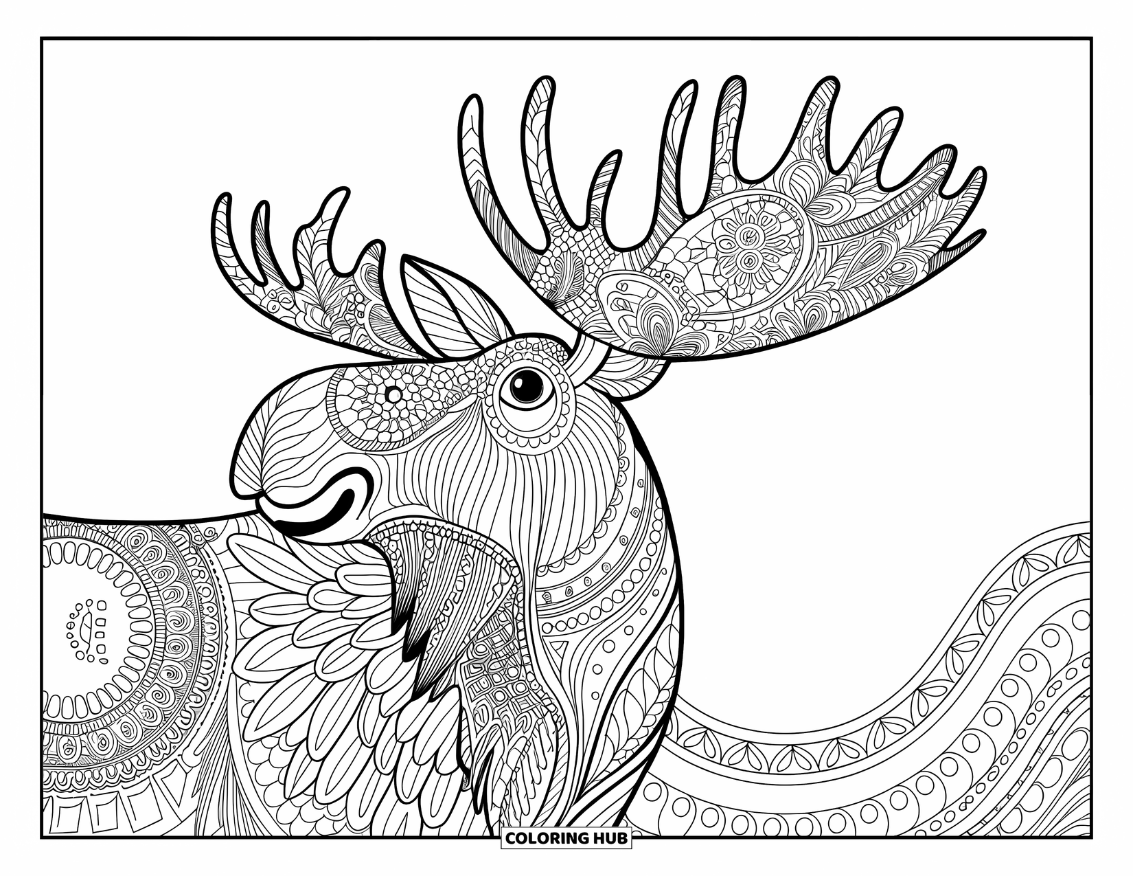 Moose Coloring Page for Adults: Moose with ornate antlers stands among decorative forest patterns