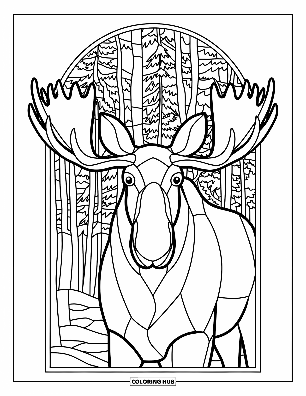 Moose Coloring Page for Adults: Moose with wide antlers stands in a stained glass-style forest frame