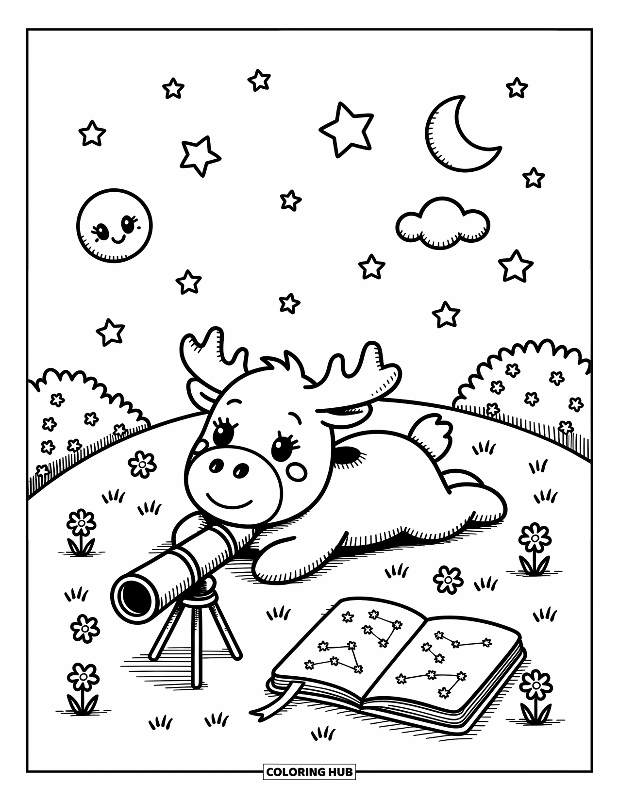 Moose Coloring Page for Adults: On a hill, moose watches the night sky filled with cute stars and moons