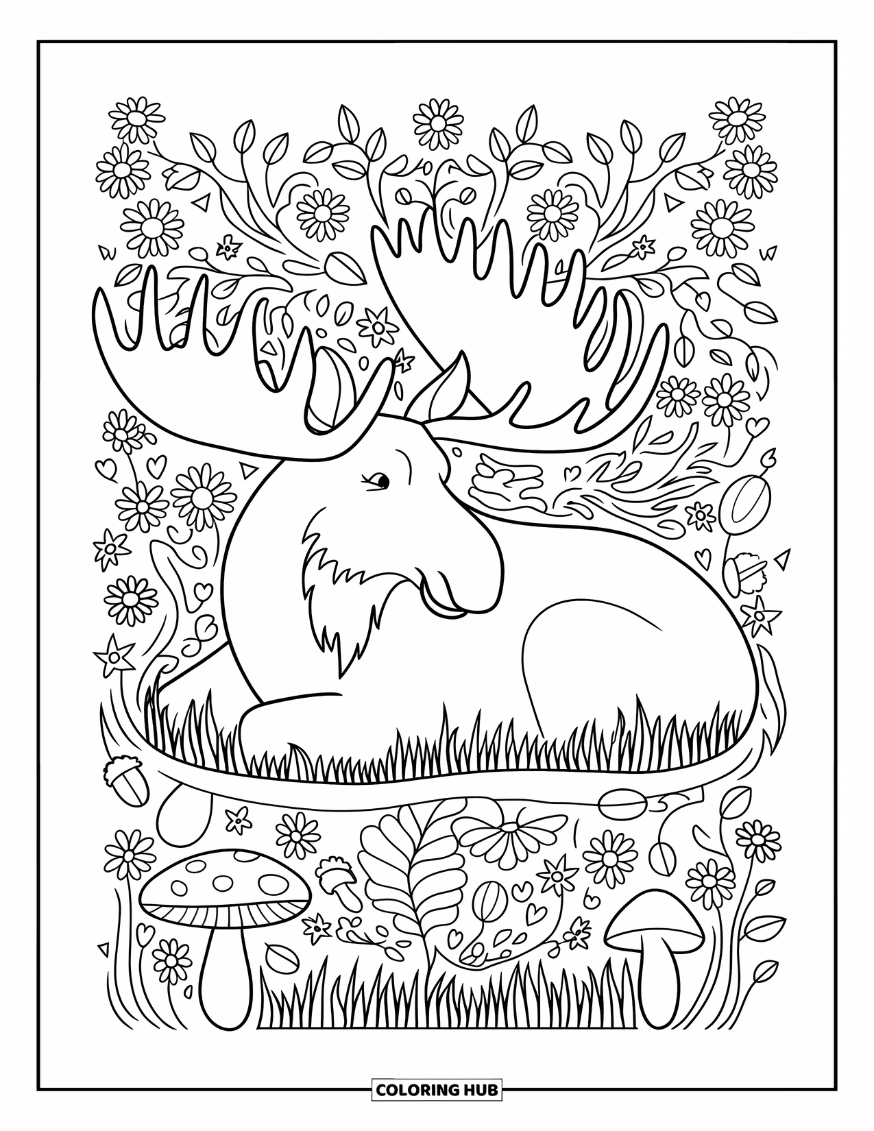 Moose Coloring Page for Adults: Resting moose is nestled in a page full of wildflowers, mushrooms, and acorns