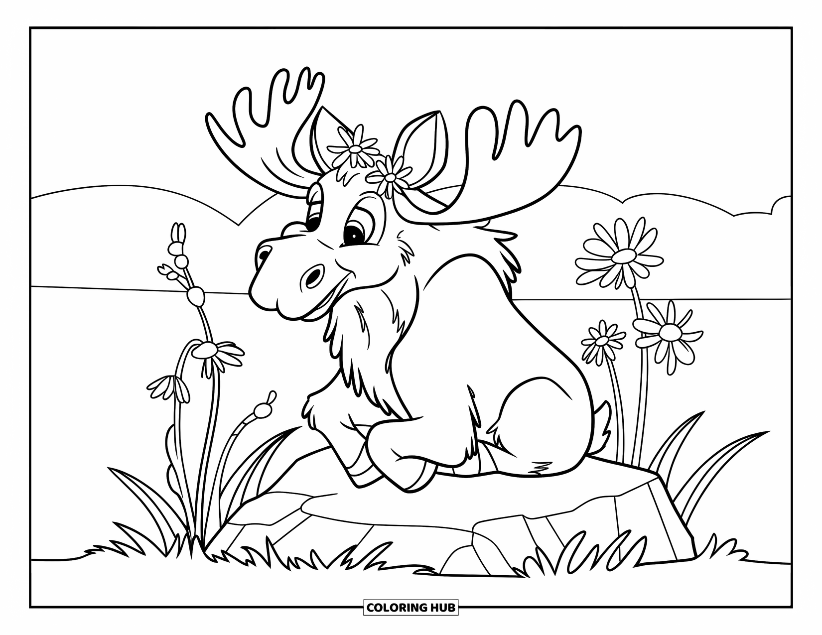 Moose Coloring Page for Kids: A fluffy moose with flowers in its antlers sits happily beside tall blooms