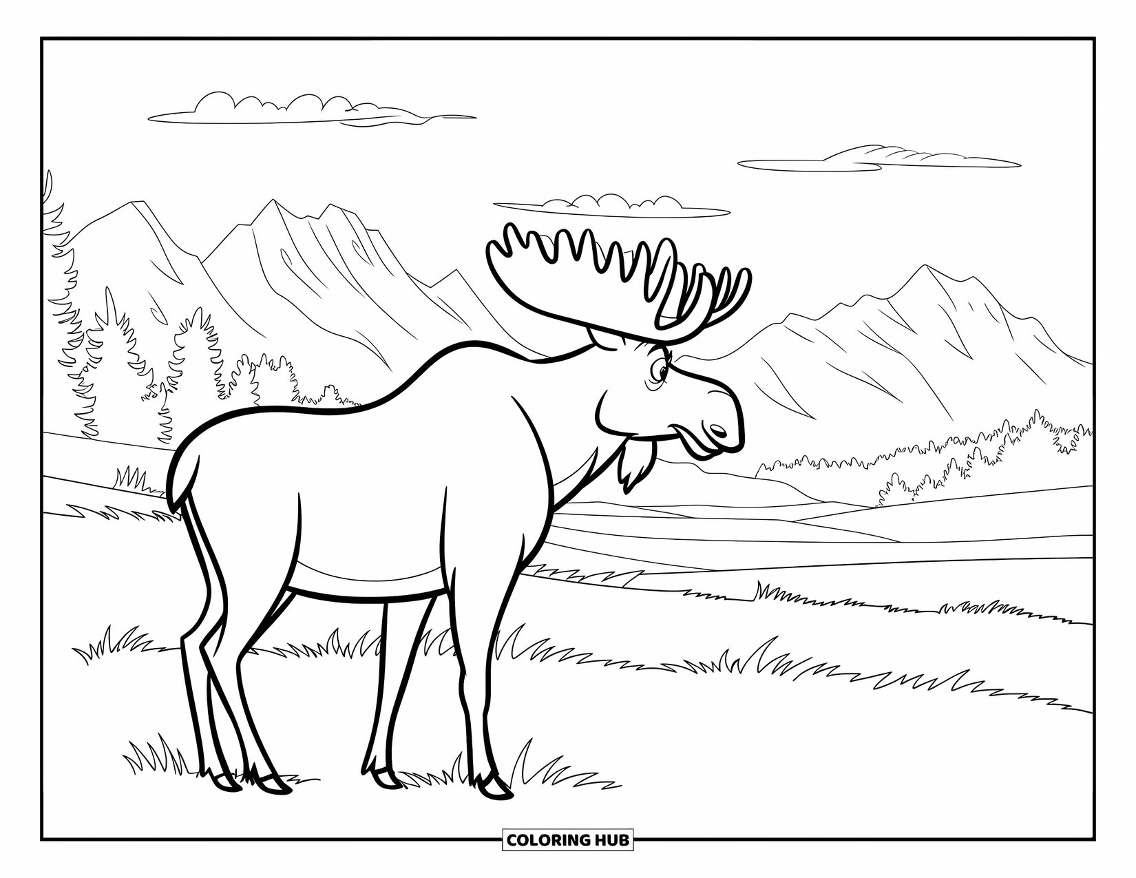 Moose Coloring Page for Kids: A moose gazes at mountains from a grassy field with trees behind it