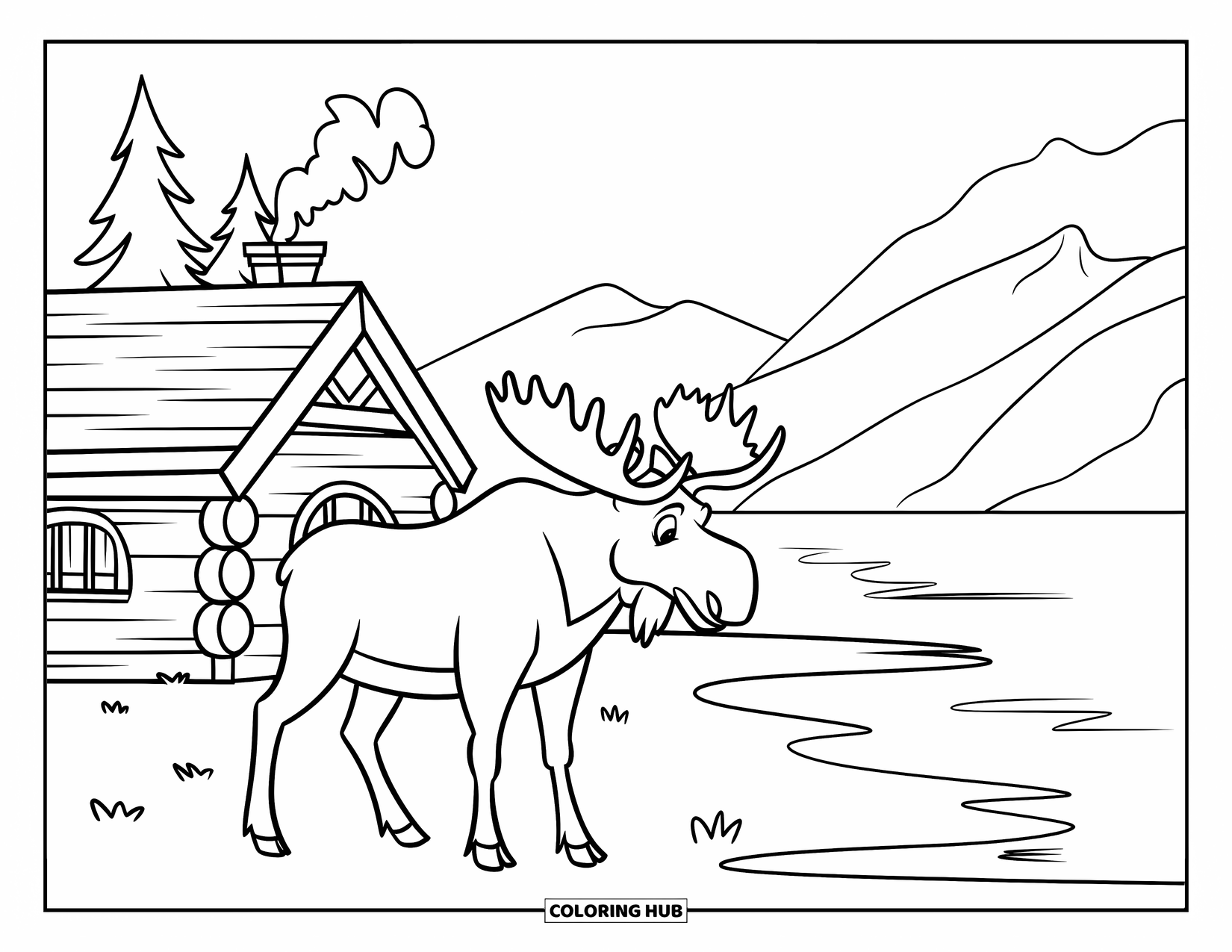 Moose Coloring Page for Kids: A moose stands by a cabin beside mountains, pine trees, and water