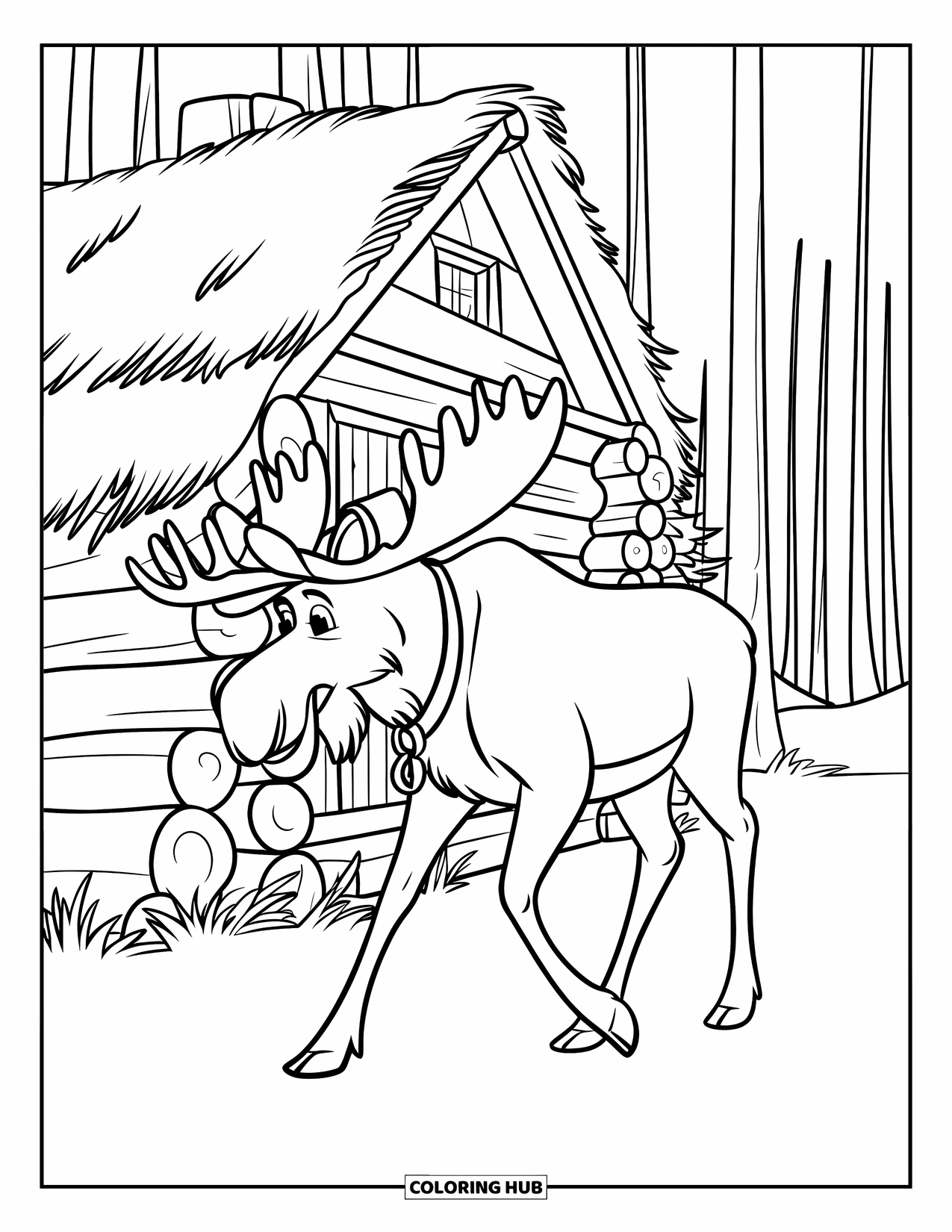 Moose Coloring Page for Kids: A moose wearing a hat strolls by a cozy cabin with forest trees around