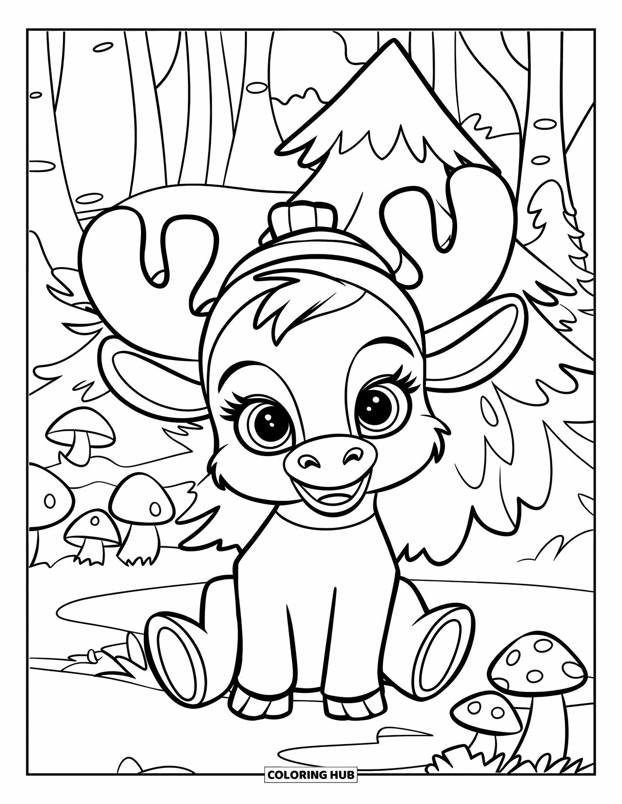Moose Coloring Page for Kids: Baby moose in a hat sits playfully near mushrooms and pine trees in the forest