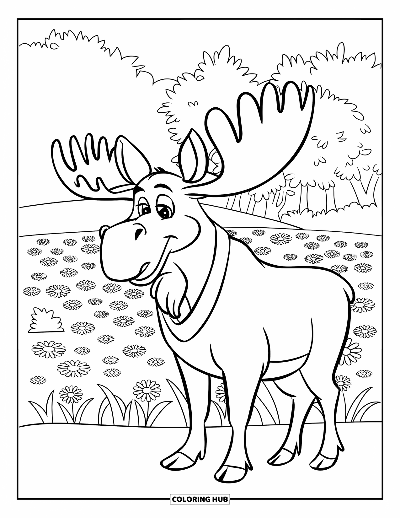 Moose Coloring Page for Kids: Big smiling moose in a sweater stands in a bright field full of flowers