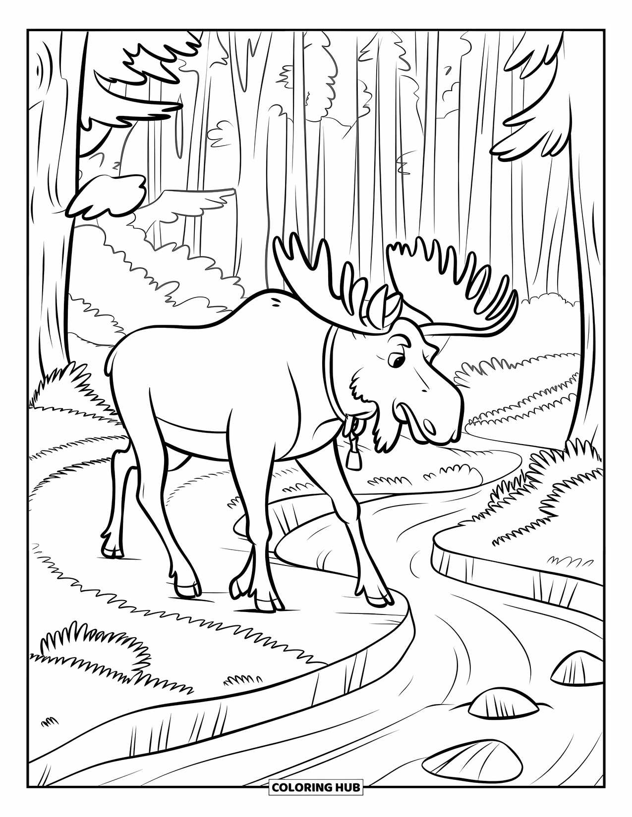 Moose Coloring Page for Kids: Majestic moose walks along a forest trail beside a flowing stream