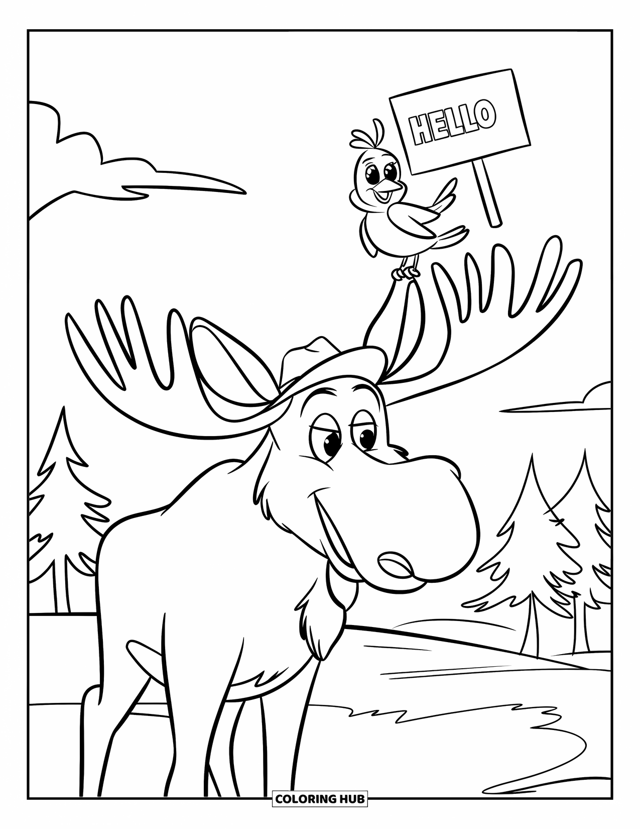 Moose Coloring Page for Kids: Moose in a hat waves cheerfully as a bird holds a "Hello" sign