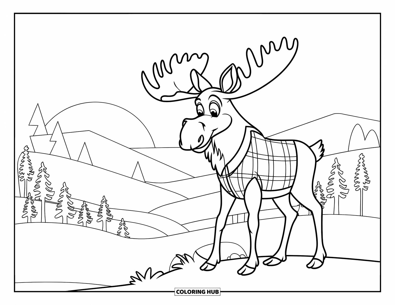 Moose Coloring Page for Kids: Moose in a plaid shirt stands quietly on a forest ridge at sunrise