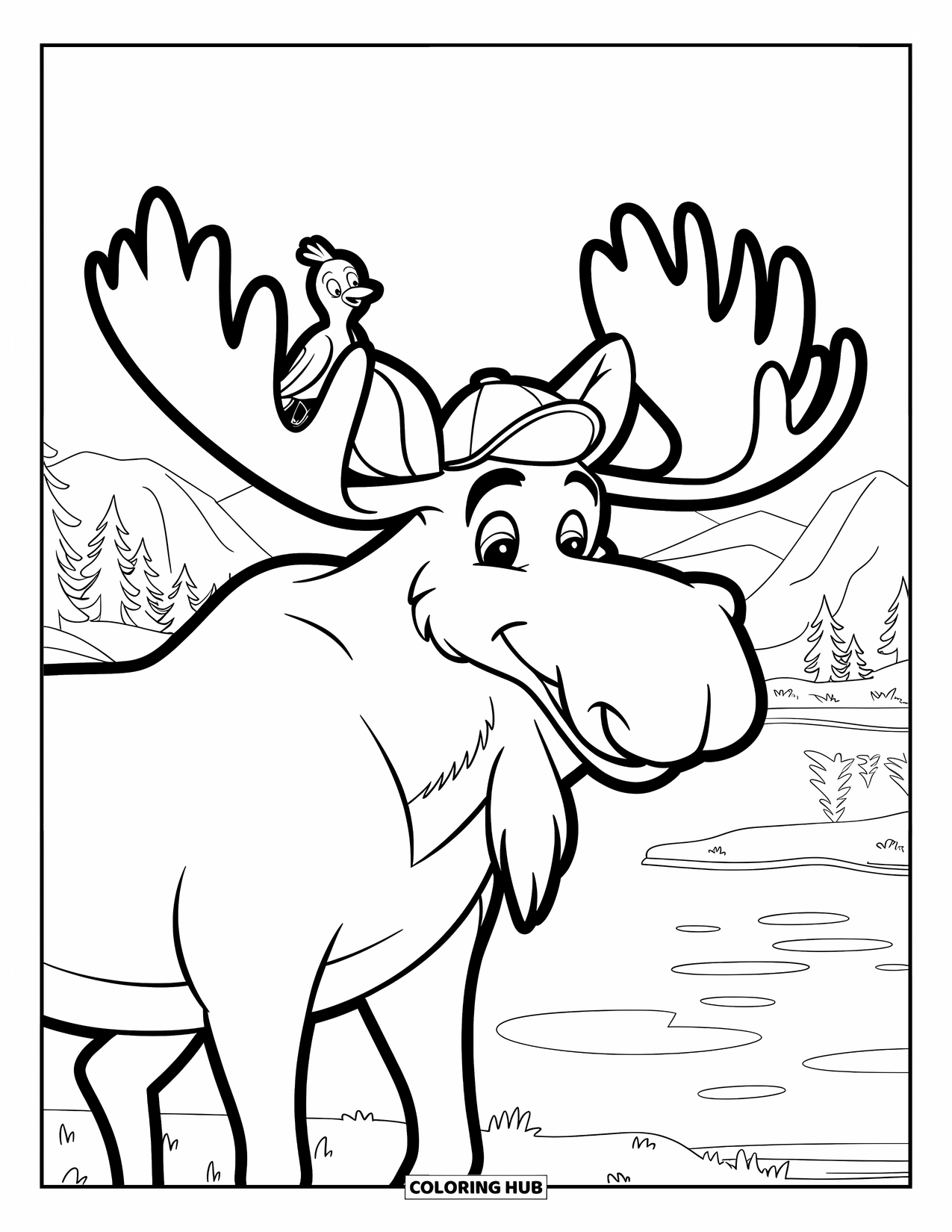 Moose Coloring Page for Kids: Moose in a red cap waves as a bird rests on its antlers by the lake