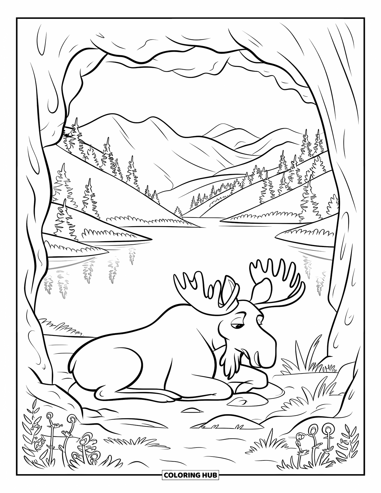 Moose Coloring Page for Kids: Moose lies beside a lake, head on a rock, with forested hills all around