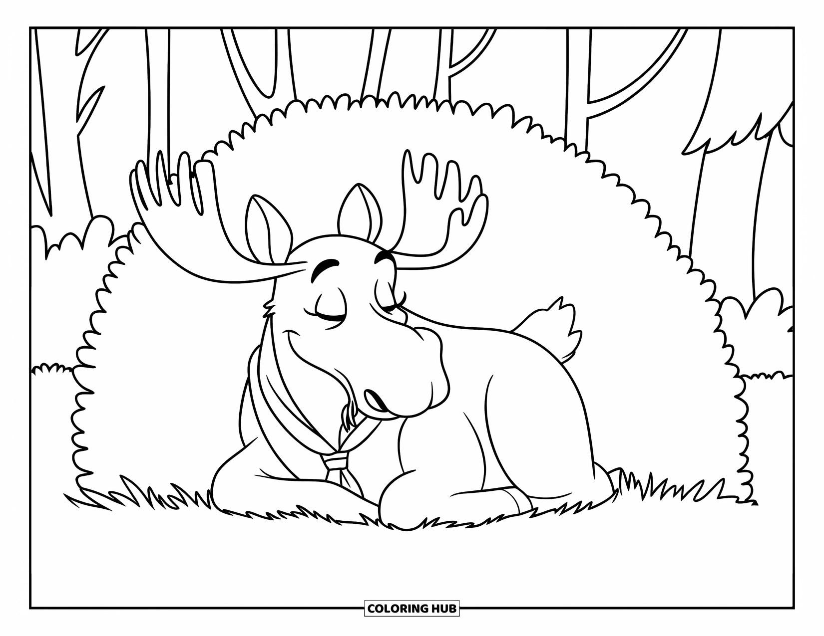 Moose Coloring Page for Kids: Moose naps on grass in a scout uniform beside a bush in the forest