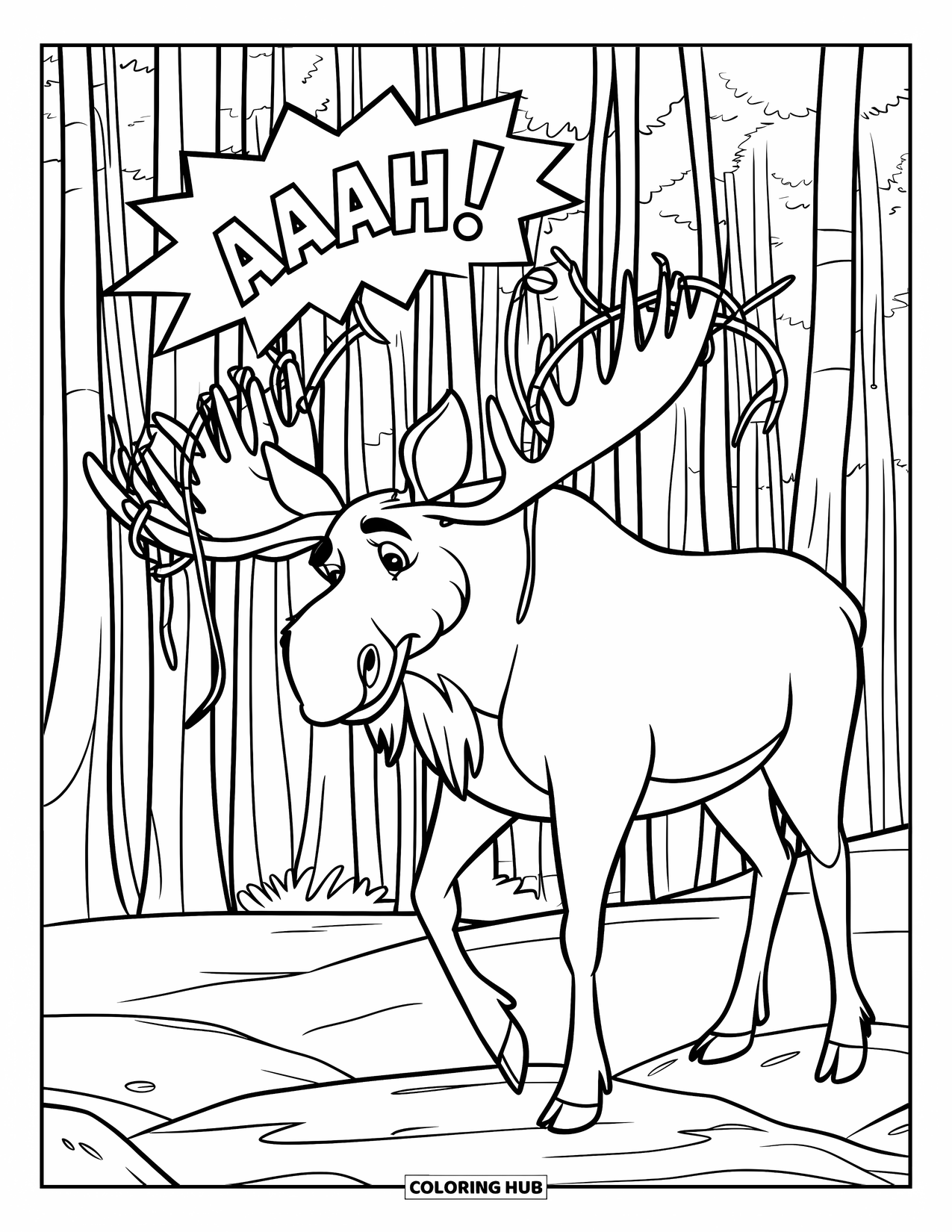 Moose Coloring Page for Kids: Moose shouts "Aaah!" as vines wrap around its antlers in a busy forest