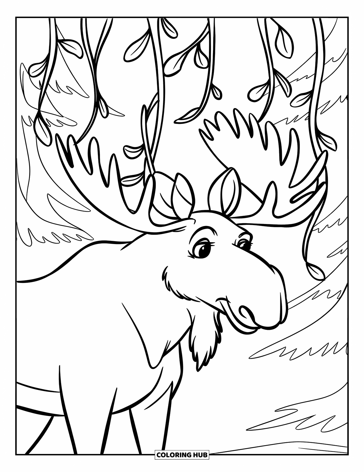 Moose Coloring Page for Kids: Moose smiles as its antlers get tangled in hanging vines in the forest