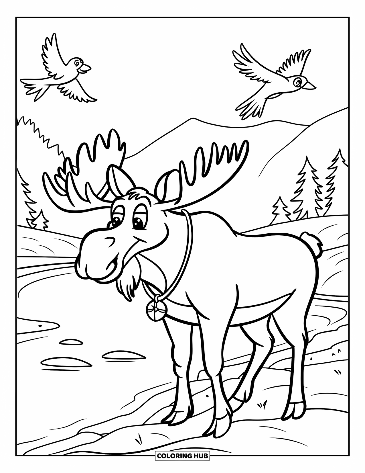 Moose Coloring Page for Kids: Moose stands near a rocky river with birds flying and trees in the background