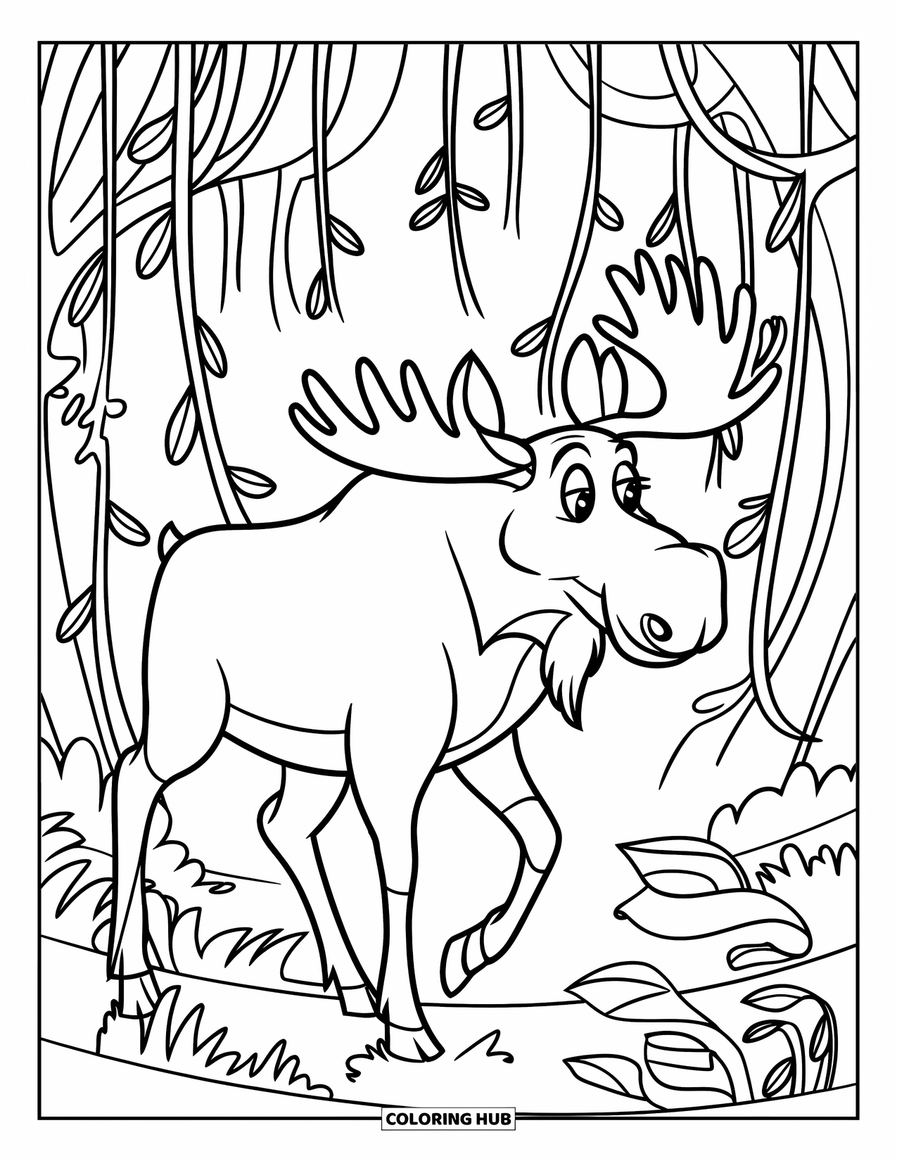 Moose Coloring Page for Kids: Moose stands with tangled antlers among vines in a fun forest setting