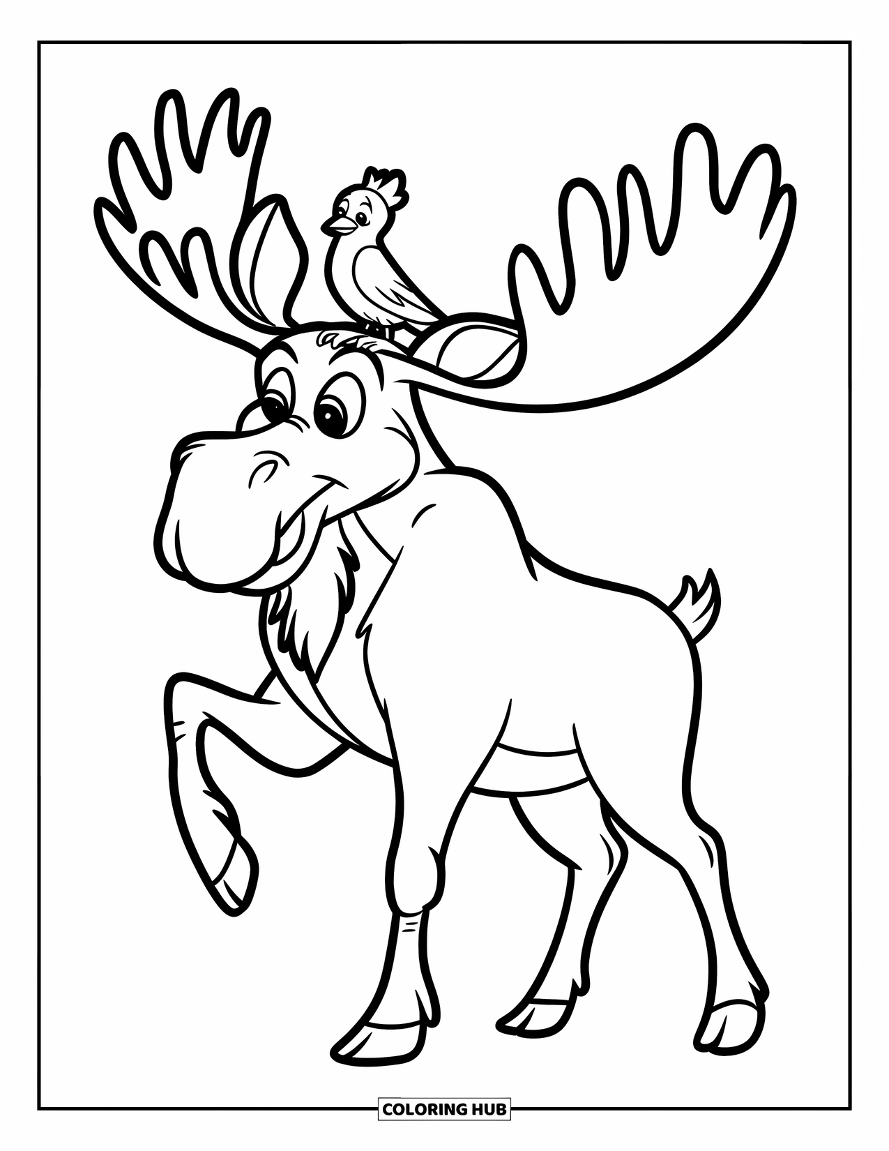 Moose Coloring Page for Kids: Moose waves with a bird perched on its antlers in a simple scene