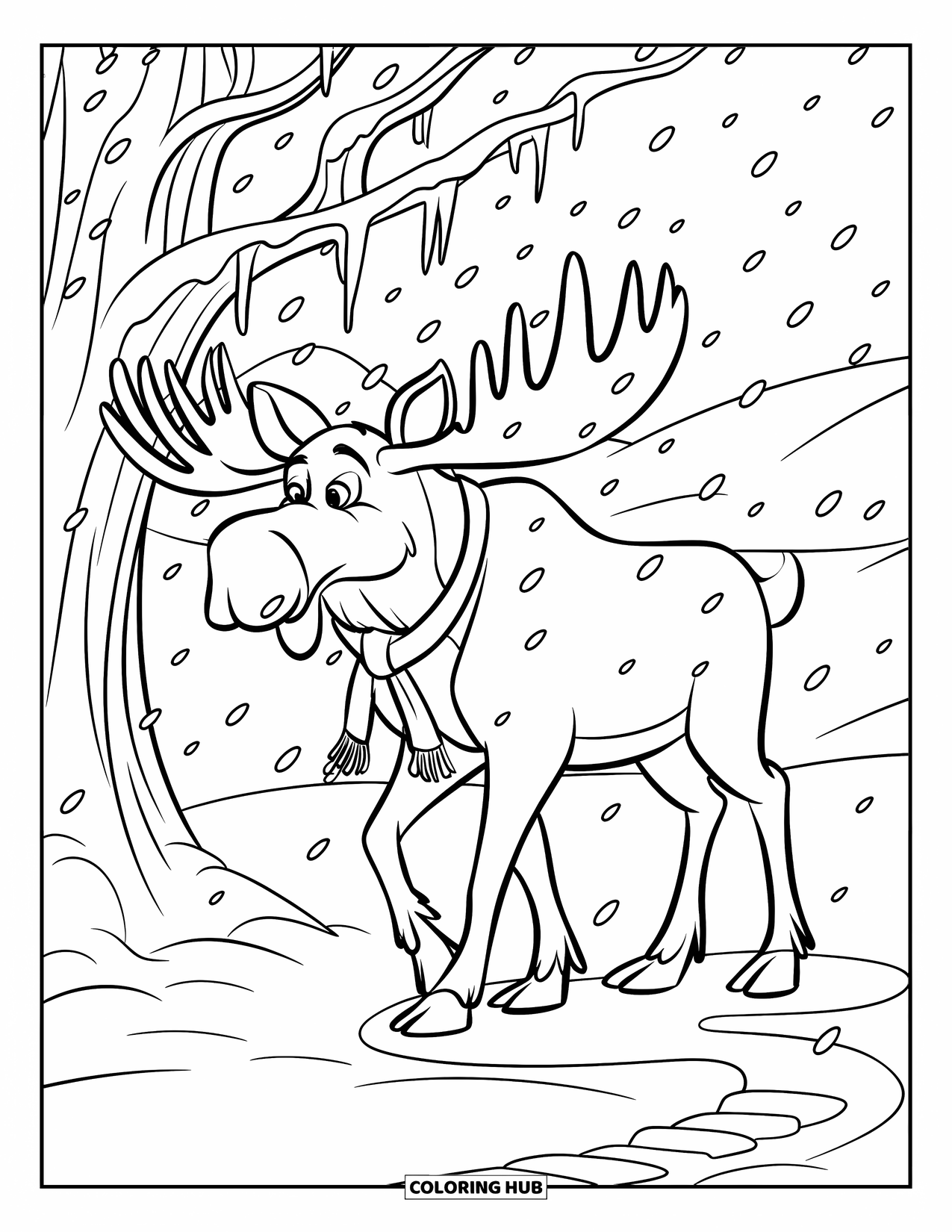 Moose Coloring Page for Kids: Moose wearing a scarf stands in gentle snowfall near a frosty tree