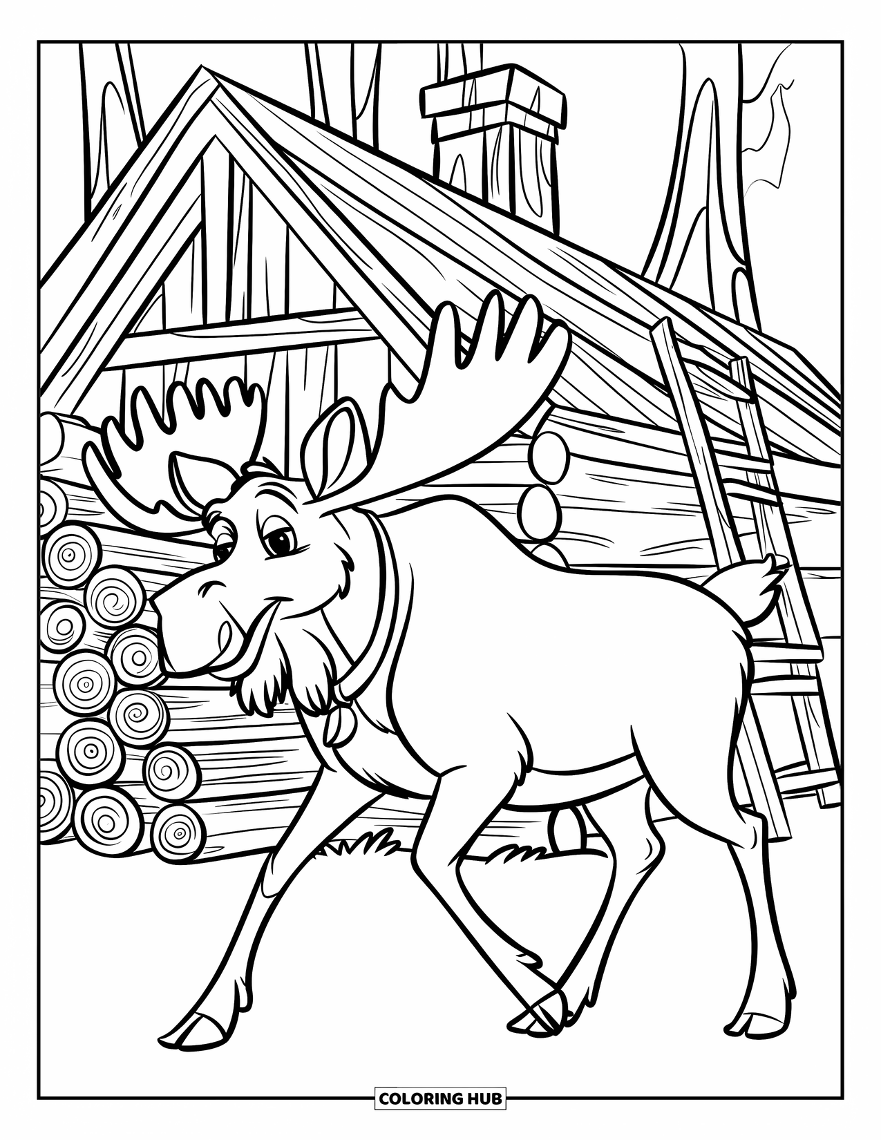 Moose Coloring Page for Kids: Moose with a collar walks past a wooden cabin stacked with logs