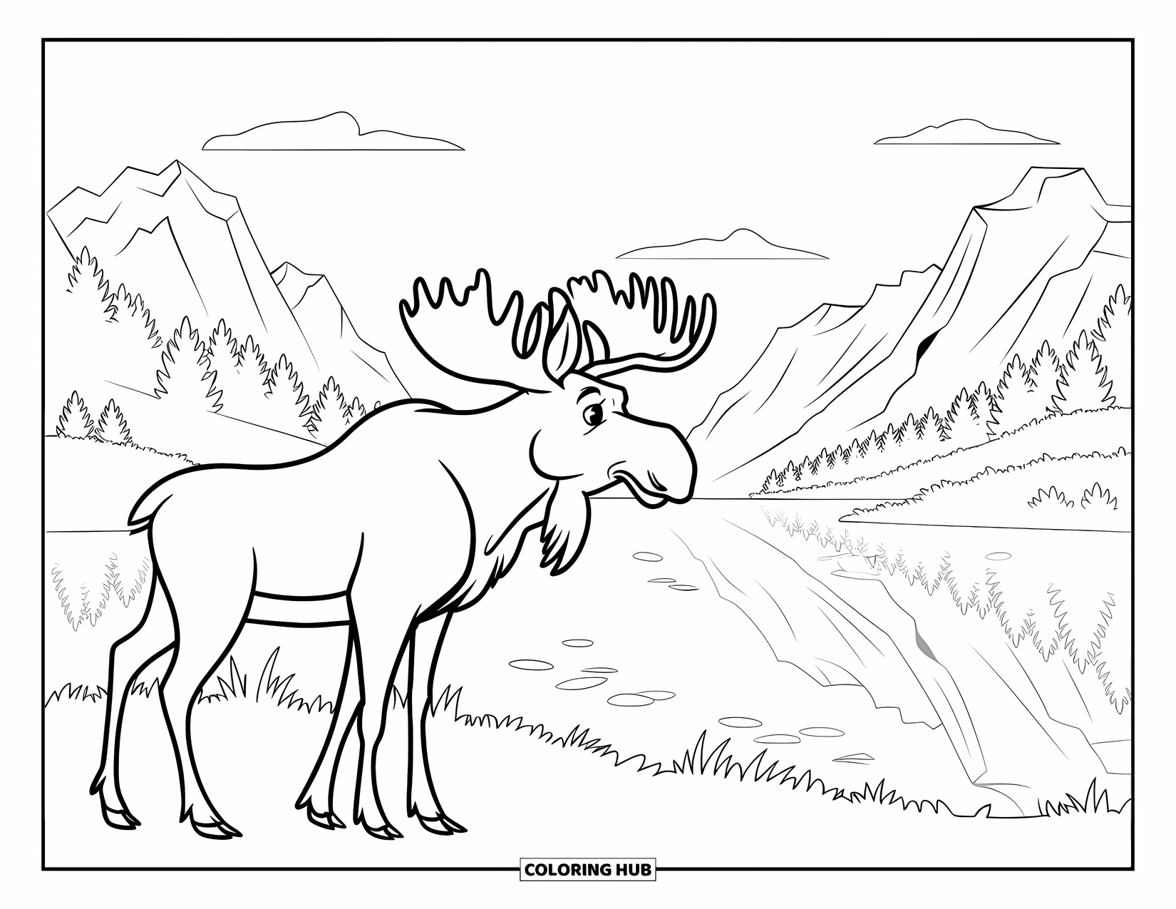 Moose Coloring Page for Kids: Moose with a red nose admires the mountains from a peaceful lakeside