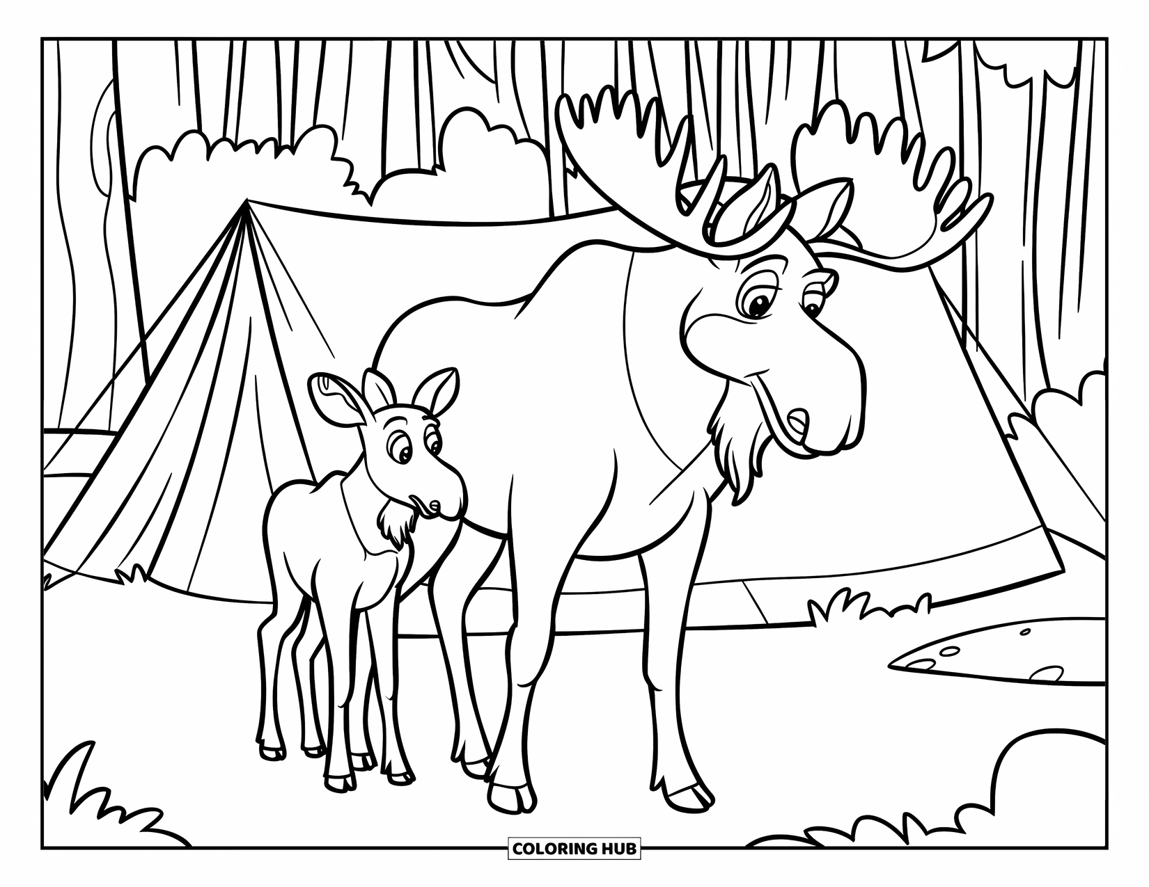 Moose Coloring Page for Kids: Parent and calf moose stand near a tent surrounded by tall trees