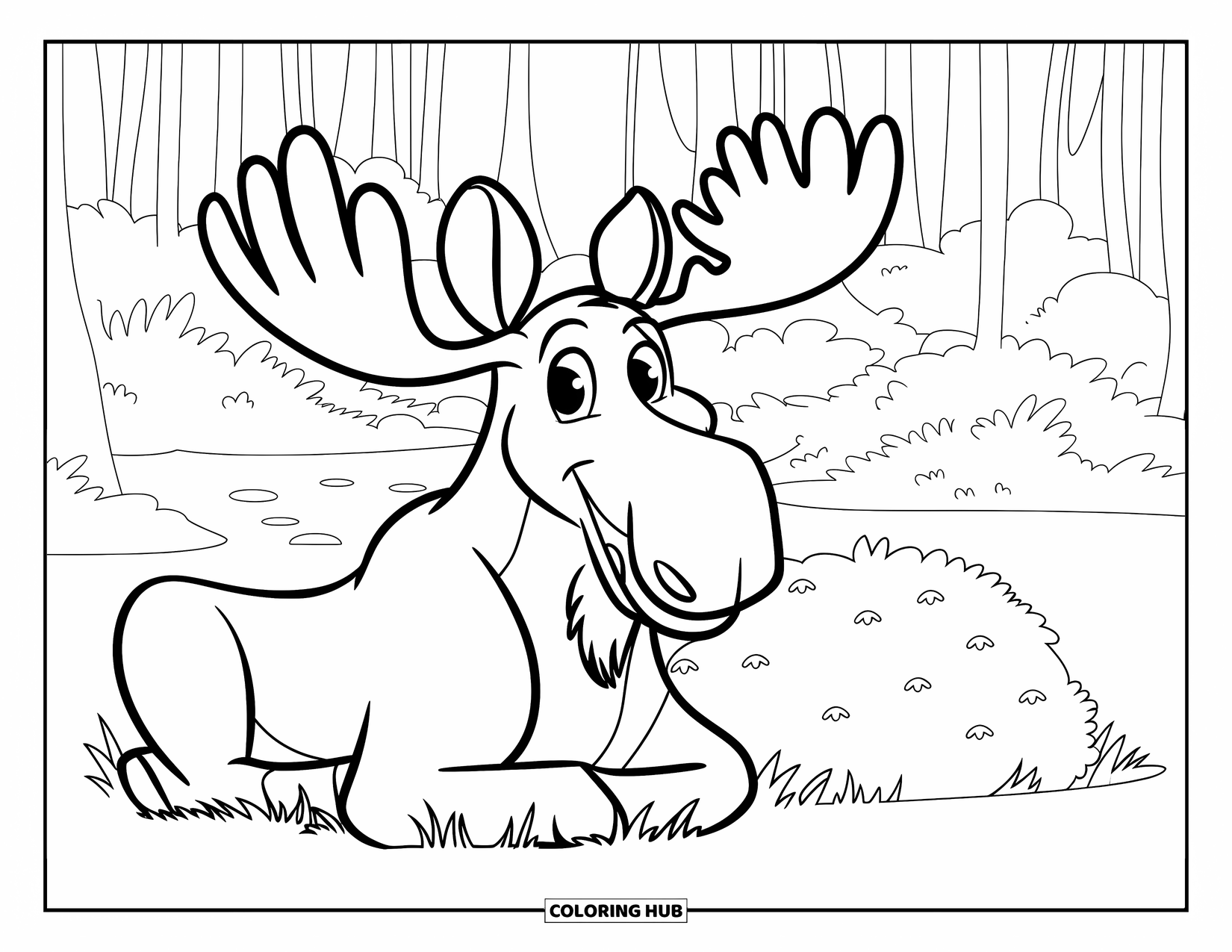 Moose Coloring Page for Kids: Smiling moose rests on soft grass beside a round bush and tall forest trees