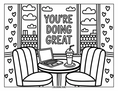 Coloriage de motivation pour adultes : Une joyeuse scène de café avec des desserts et « You're Doing Great » sur la vitrine