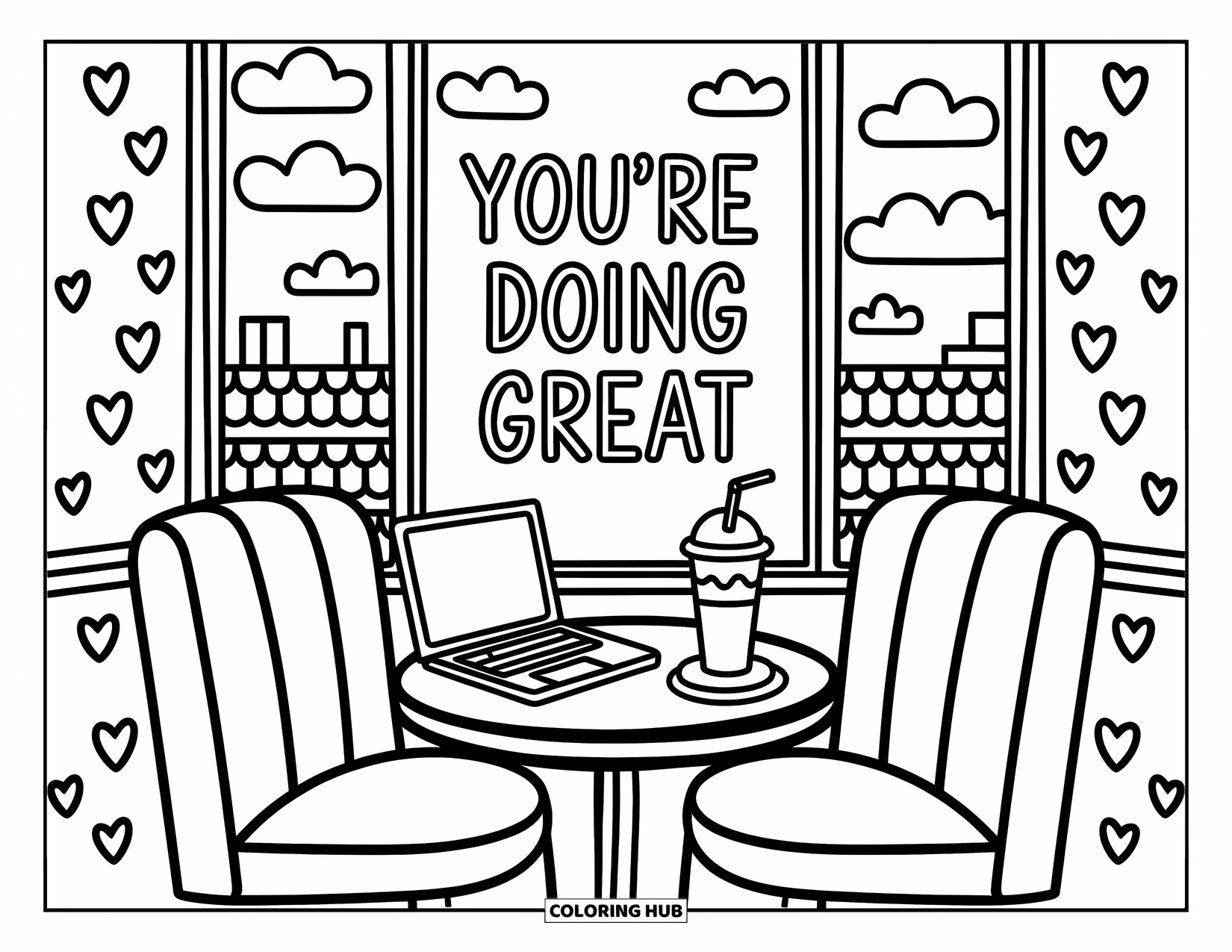 Motivational Coloring Page for Adults: A cheerful café booth scene with dessert and "You're Doing Great" on the window
