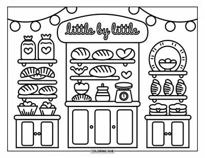 Coloriage de motivation pour adultes : Un coin de boulangerie douillet avec des pâtisseries et « Little by Little » écrit au-dessus