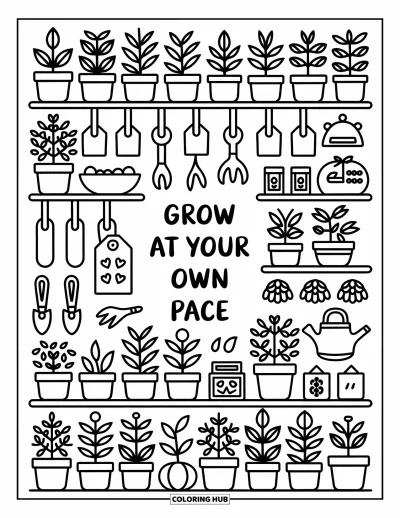 Coloriage de motivation pour adultes : Une étagère de plantes en pot avec « Grow at Your Own Pace » glissé entre elles