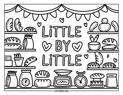 Coloriage de motivation pour adultes : Une belle étagère de boulangerie surmontée de « Little by Little » en lettres ludiques