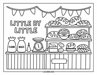 Coloriage de motivation pour adultes : Une chaleureuse petite scène de boulangerie avec des pâtisseries et la phrase « Little by Little »