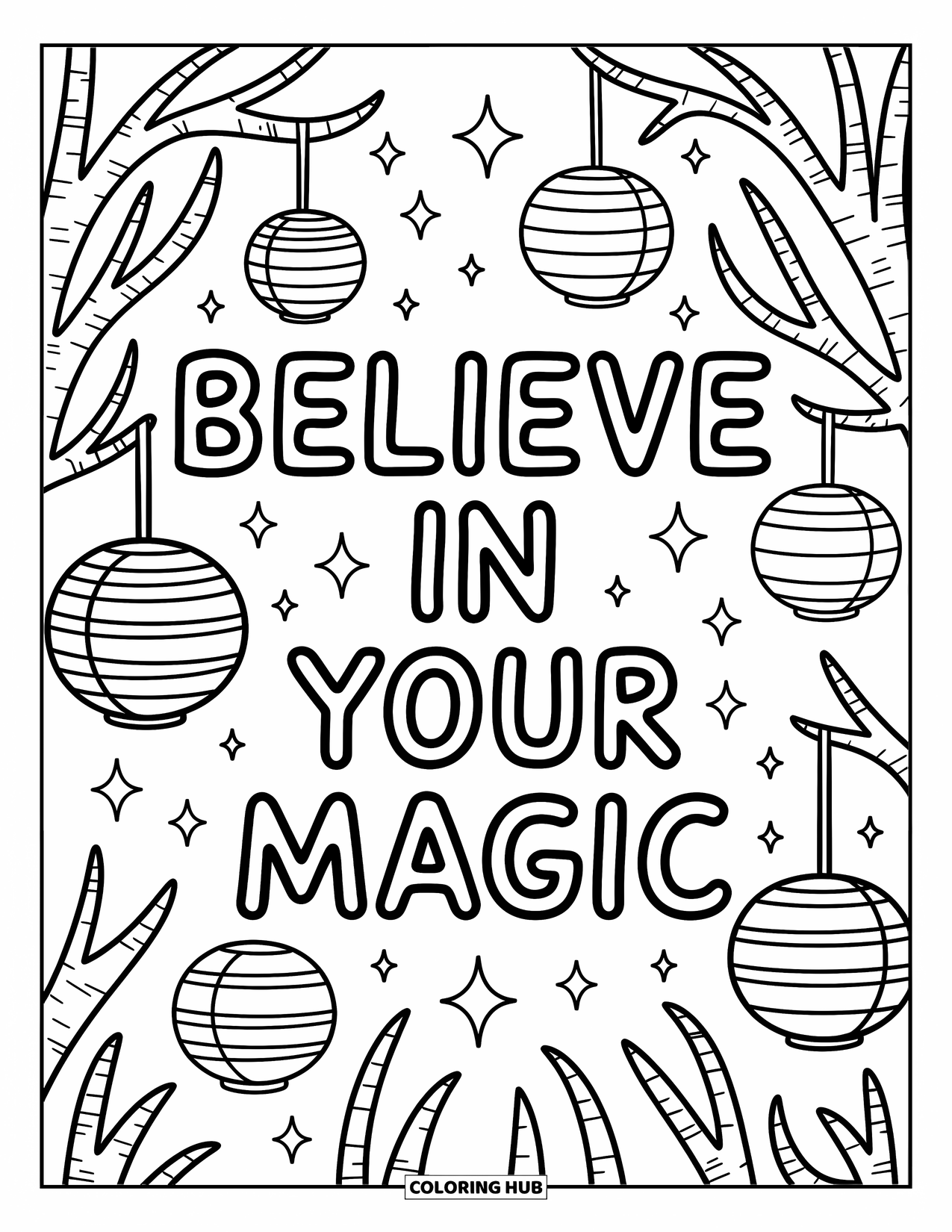 Motivational Coloring Page for Adults: Lanterns, stars, and "Believe in Your Magic" shine in a dreamy forest