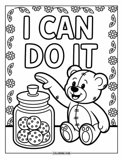 Coloriage de motivation pour enfants : Un ours tend la patte vers un bocal à biscuits avec « I Can Do It » au-dessus