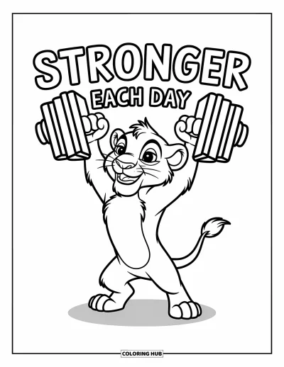 Coloriage de motivation pour enfants : Un lion courageux soulève un livre sous la phrase « Stronger Each Day »