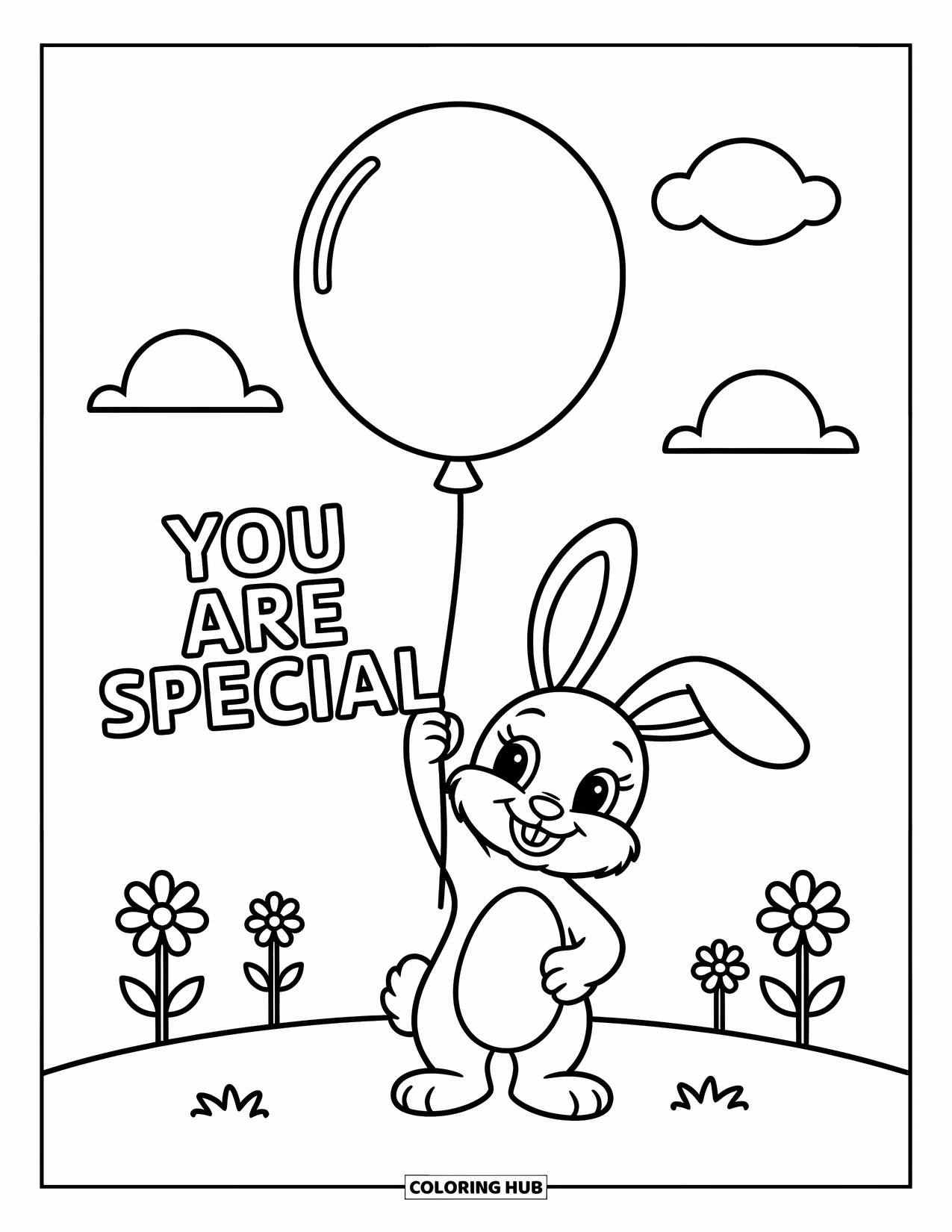 Motivational Coloring Page for Kids: A bunny holds a balloon under "You Are Special" with flowers around