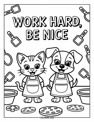 Coloriage de motivation pour enfants : Un chat et un chien font des biscuits avec « Work Hard, Be Nice » au-dessus d'eux