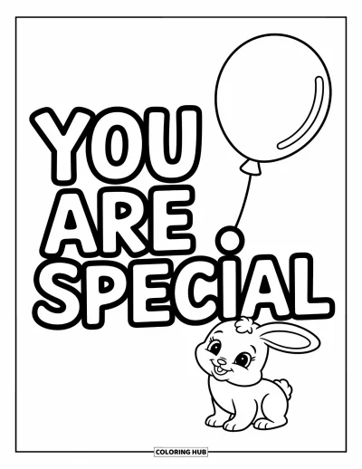 Coloriage de motivation pour enfants : Un lapin joyeux fait flotter un ballon avec « You Are Special » au-dessus