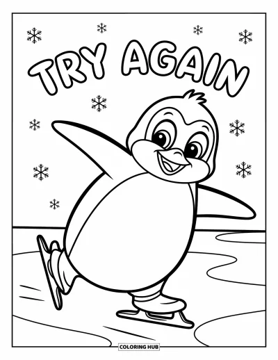 Coloriage de motivation pour enfants : Un pingouin joyeux patine sous de grandes lettres disant « Try Again »