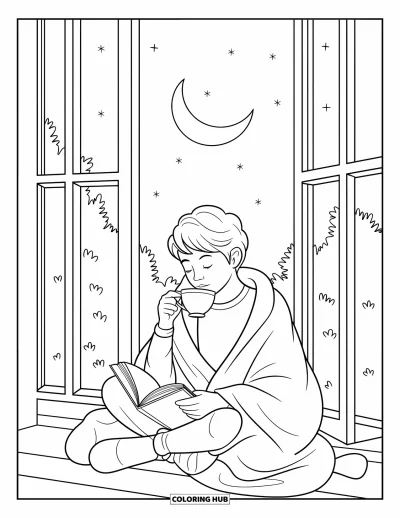 Coloriage de motivation pour enfants : Une scène douillette avec du thé, une couverture et un livre sous le clair de lune