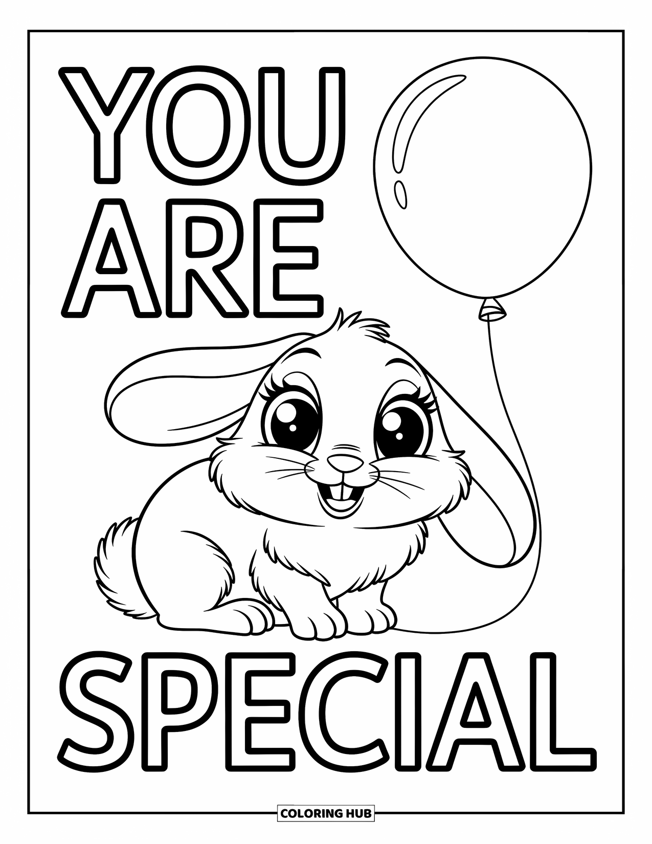 Motivational Coloring Page for Kids: A fluffy bunny with a balloon smiles below "You Are Special"