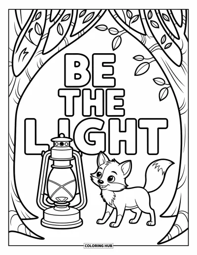Coloriage de motivation pour enfants : Une lanterne lumineuse et un renard curieux apparaissent à côté des mots « Be the Light »
