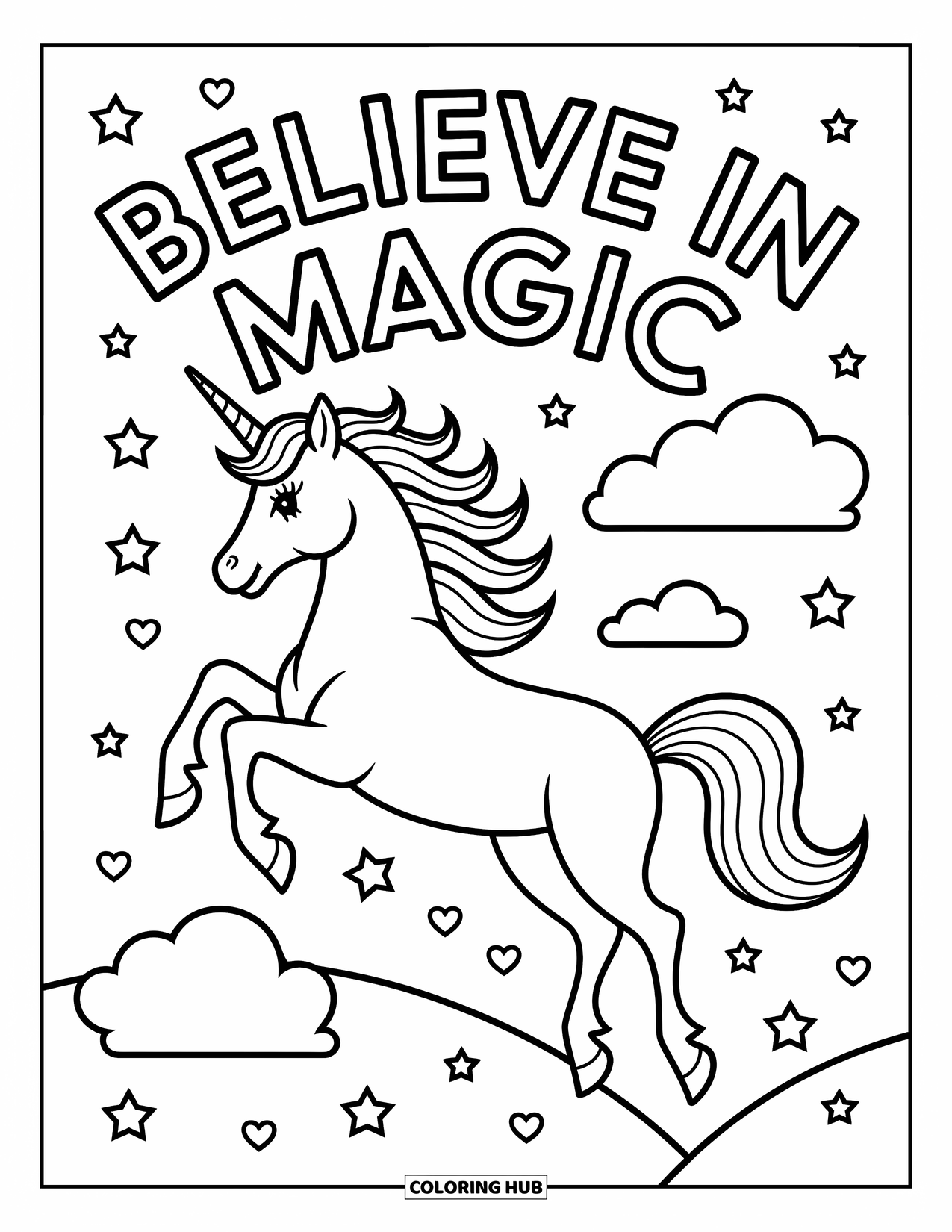 Motivational Coloring Page for Kids: A graceful unicorn leaps below "Believe in Magic" and twinkling stars