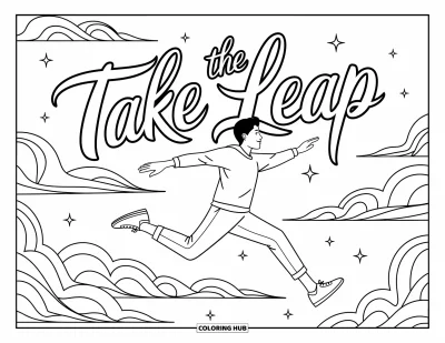Coloriage de motivation pour enfants : Une personne saute parmi des nuages étoilés avec « Take the Leap » écrit au-dessus