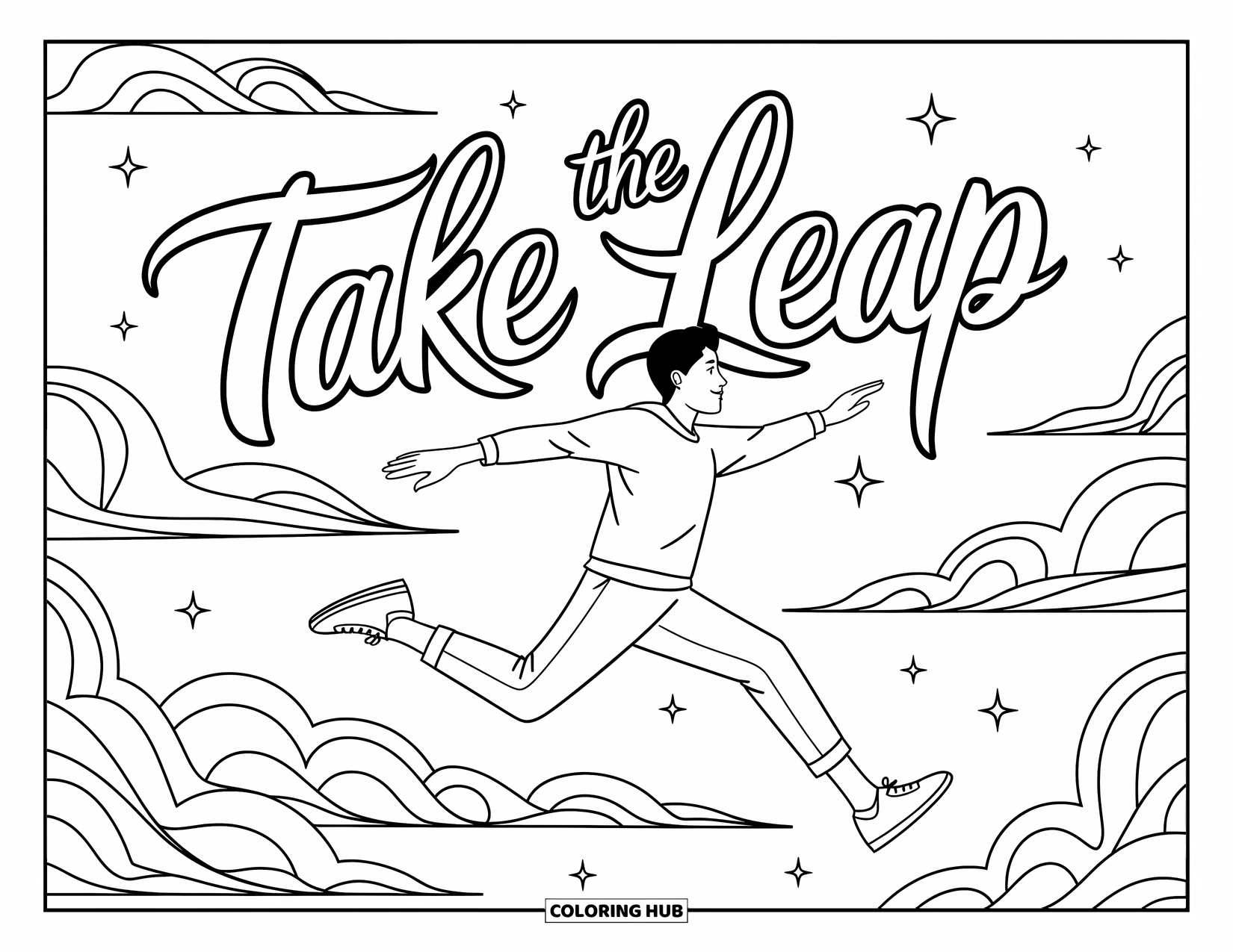 Motivational Coloring Page for Kids: A person jumps through starry clouds with "Take the Leap" written above